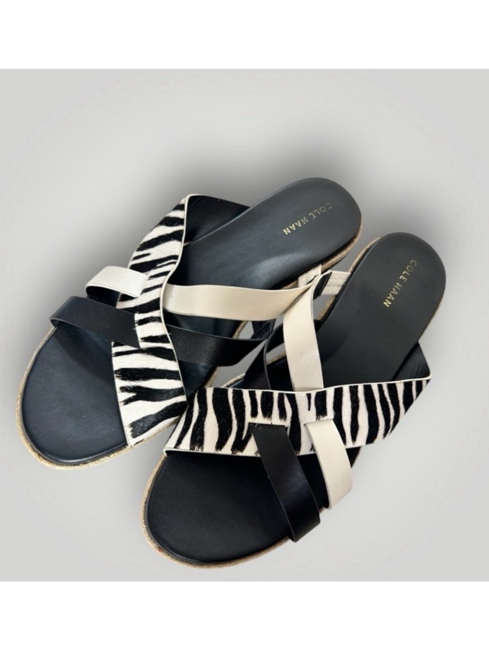 Cole Haan Zebra cowhide leather Print Black and Cream Sandals Sz 9